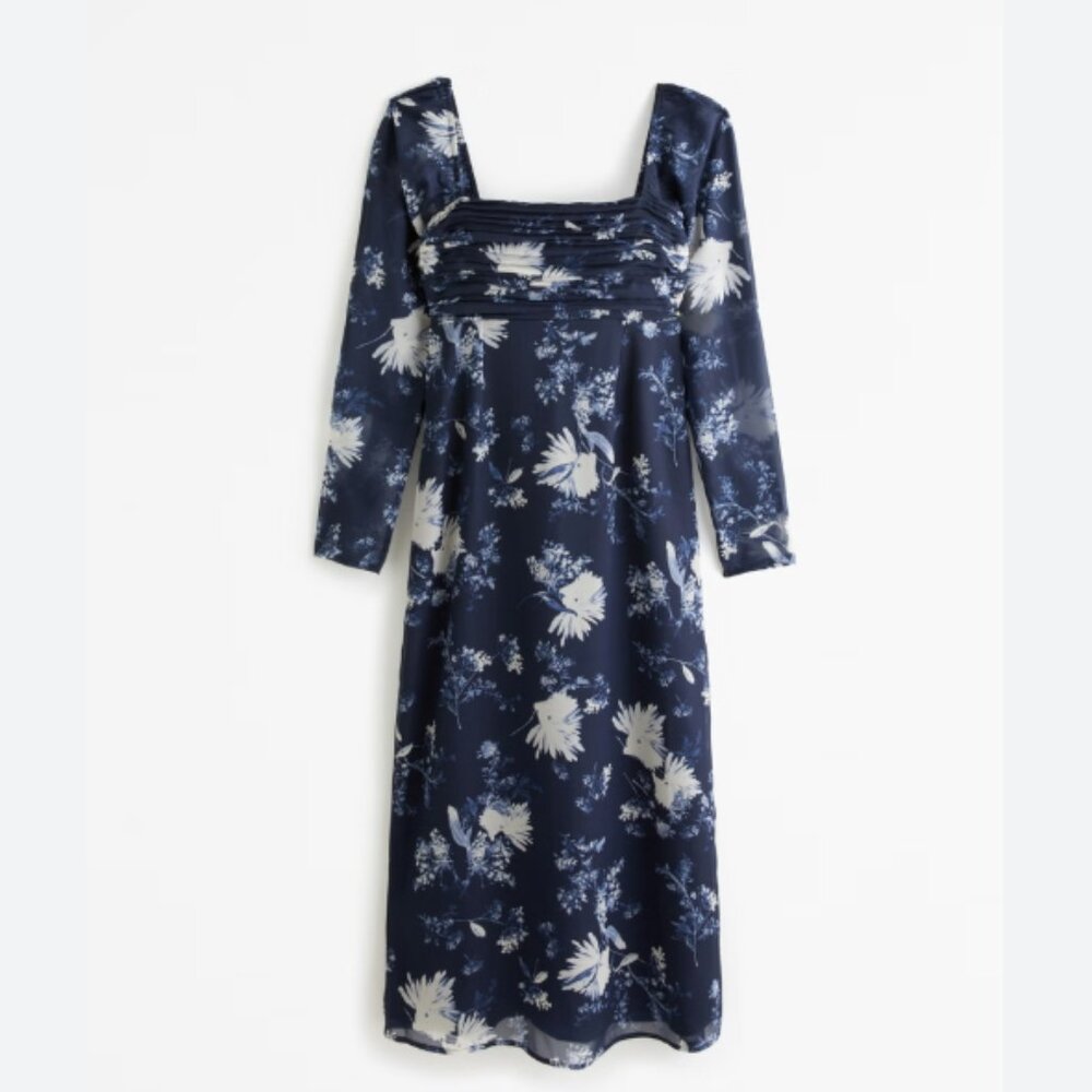 A&F Emerson Chiffon Long-Sleeve Midi Dress, Small Petite